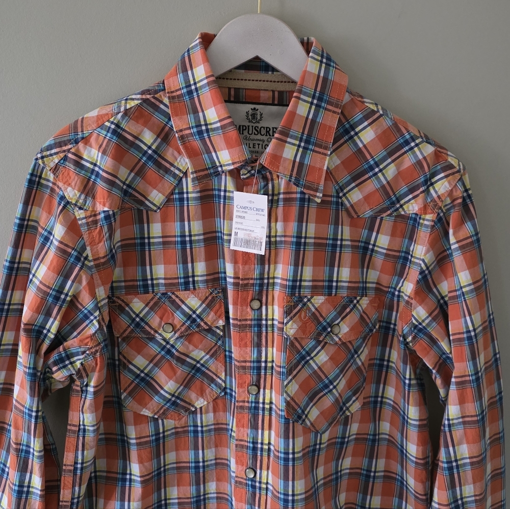 NWT Campus Crew M Deadstock Vintage Y2K Western Madras Plaid Pearl Snap Shirt - Picture 3 of 15